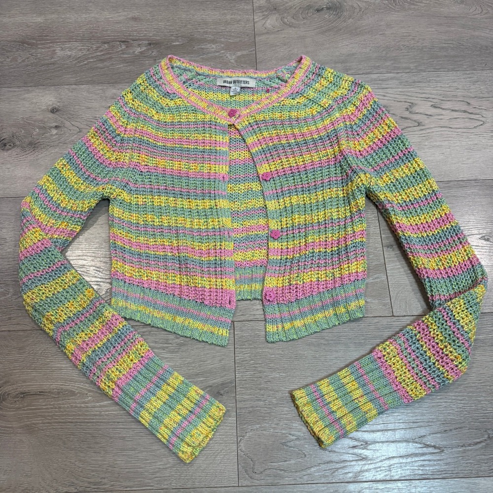 Urban Outfitters Celin Flower Button Striped Cropped Cardigan Size Large L
